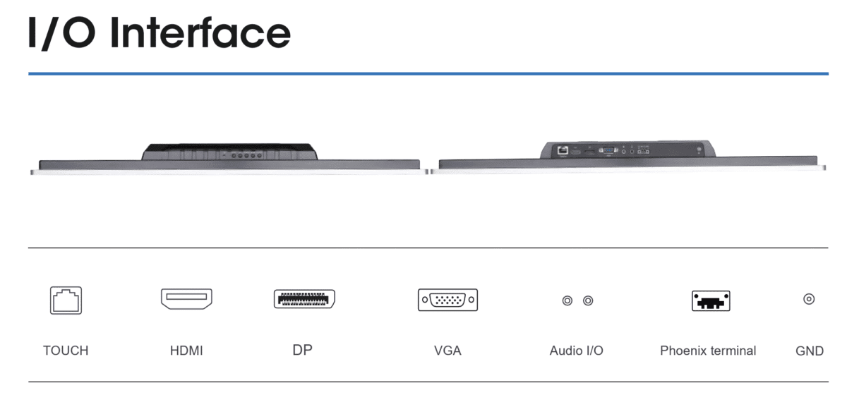 I/O ports on the Industrial 27" sunlight readable touch monitor